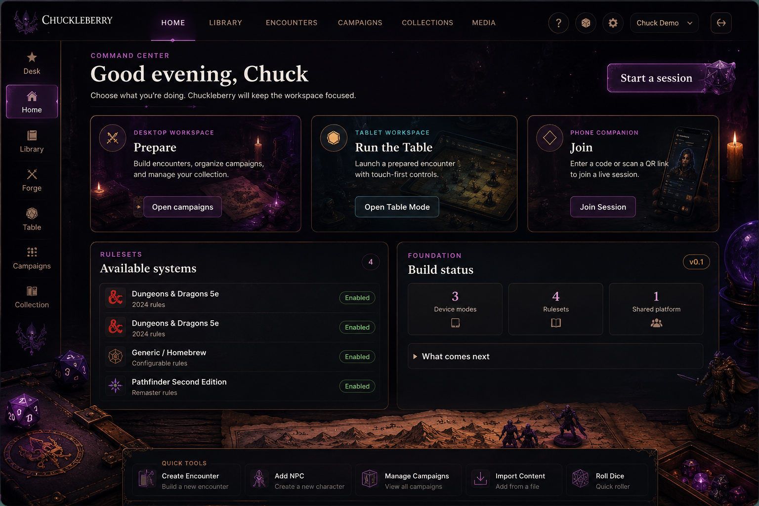 Chuckleberry GM Command Center showing a live encounter, table status, dock tools, and initiative order